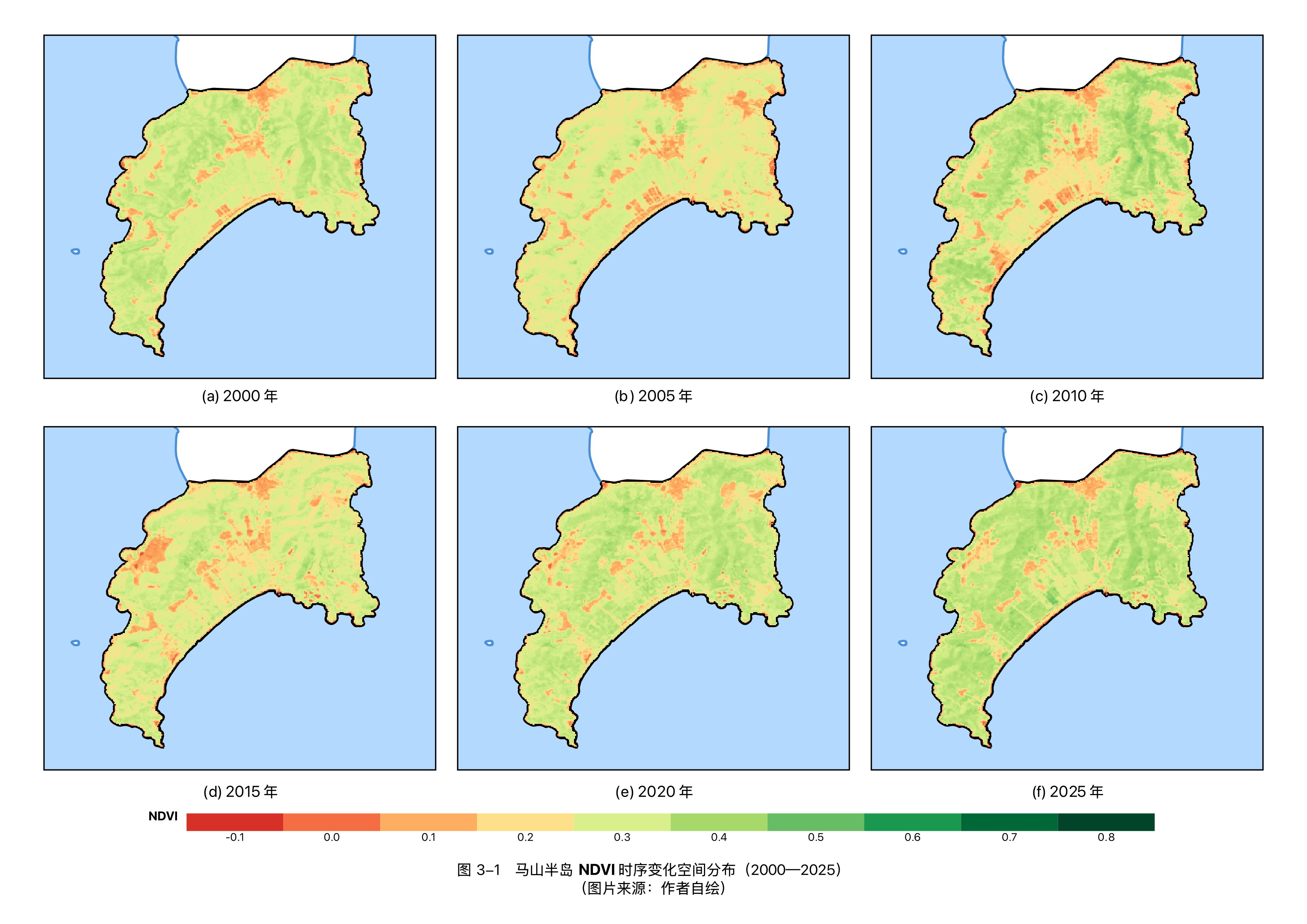 图 3-1　马山半岛 NDVI 时序变化空间分布（2000—2025）