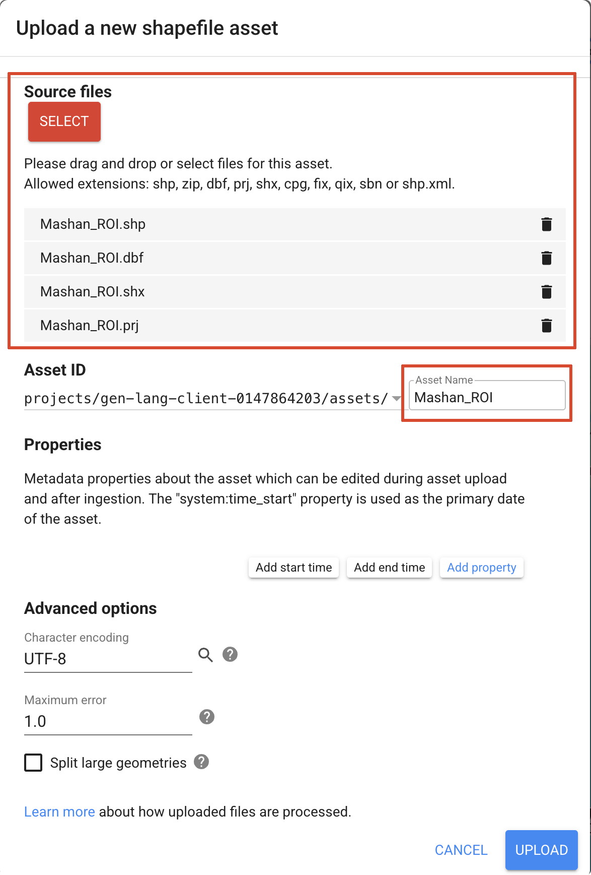 Upload a new shapefile asset