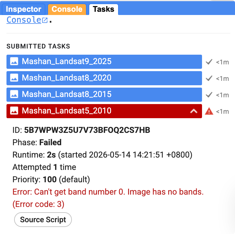 Error: Can't get band number 0. Image has no bands.