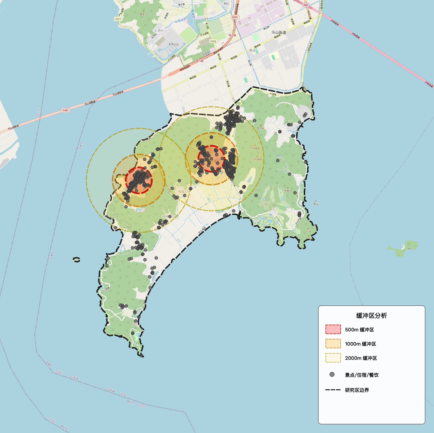 图3.7 马山半岛核心景区缓冲区叠加分析图